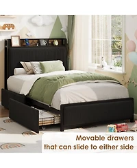 Homfan Upholstered Bed Frame with Storage Headboard, 2 Drawers and Charging Station