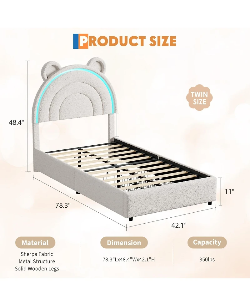 Homfan Upholstered Bed Frame with 2 Drawers, Led Light and Bear Headboard for Kids