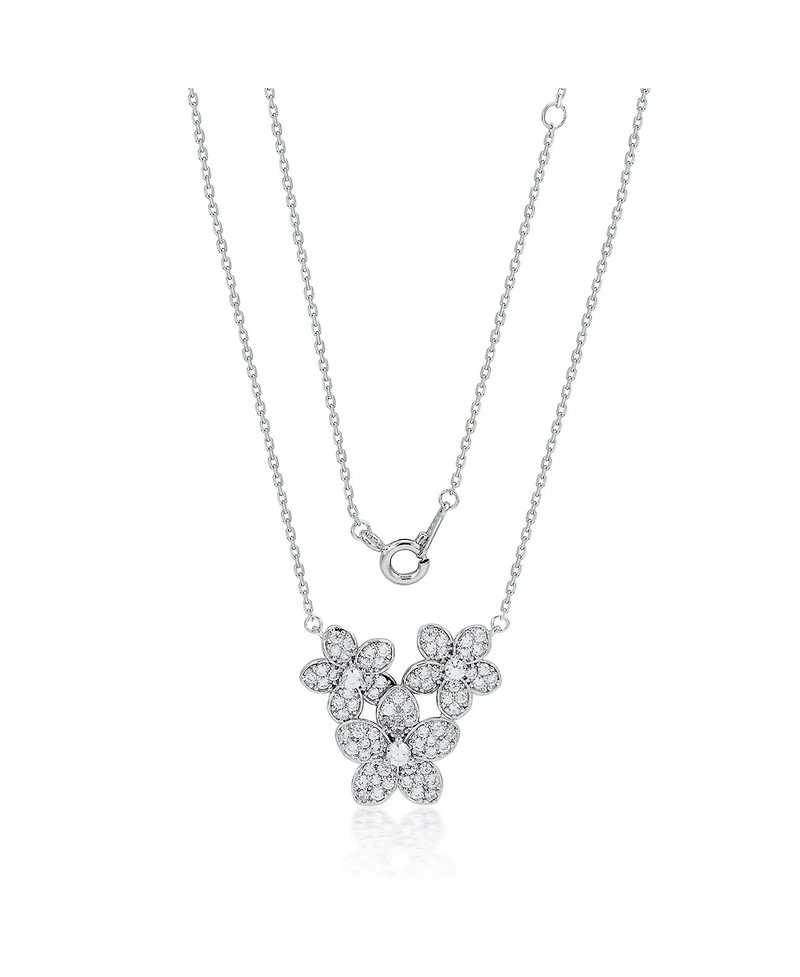 Suzy Levian New York Sterling Silver Pave Cubic Zirconia Flower Cluster Trio Necklace