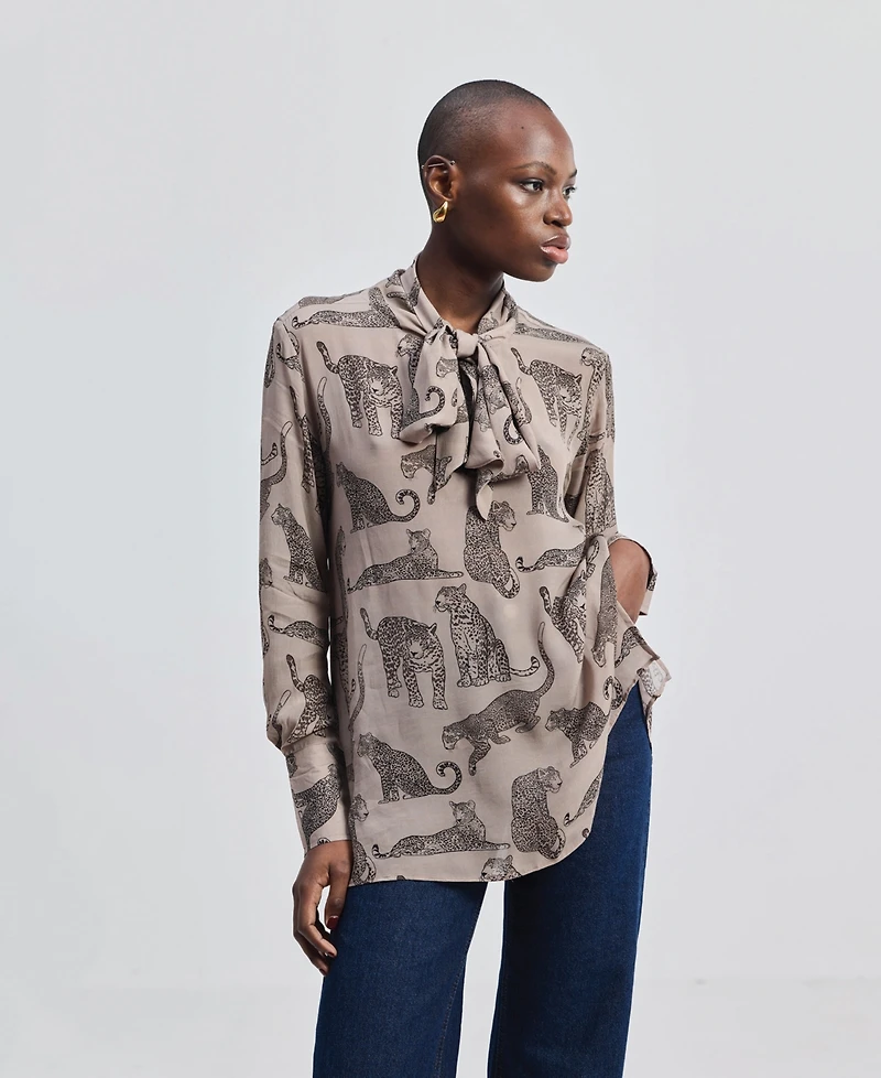 Reistor Women's Relaxed-Fit Top with Front-tie Animal Print