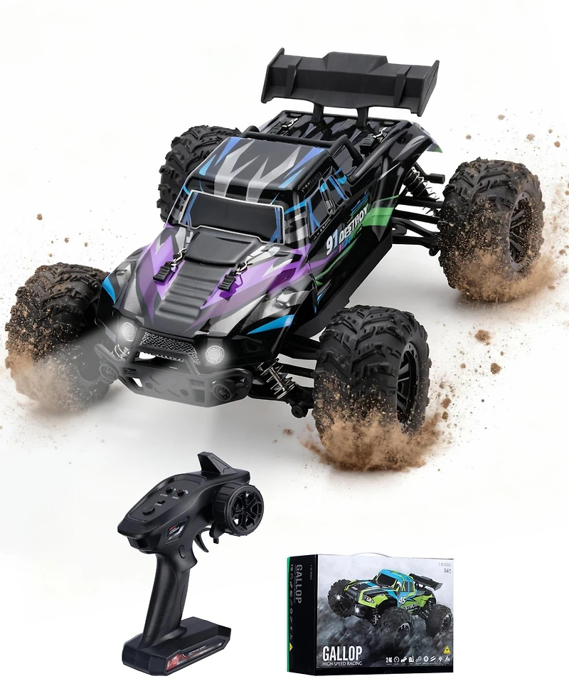 Sugift High-Speed 1:16 4WD Remote Control Car Toy with Led Lights and Dual Batteries, Great Gift for Kids