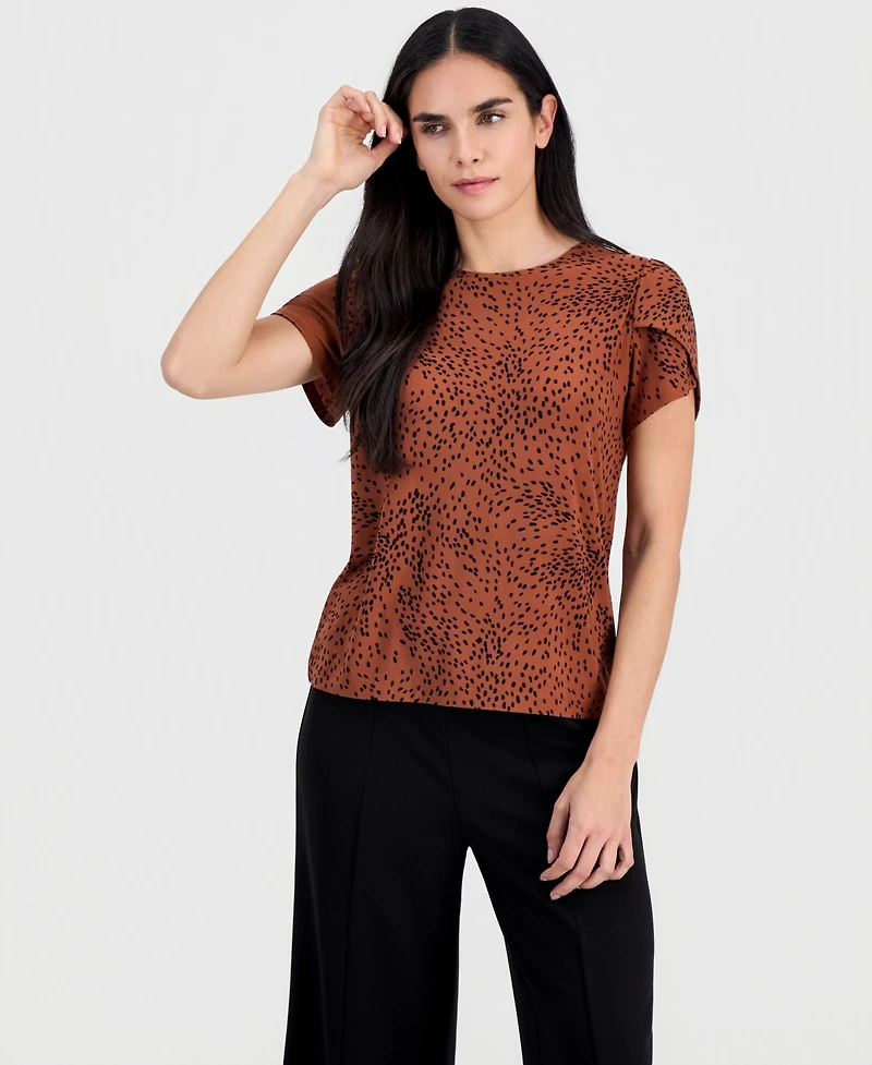 Ak Anne Klein Petite Crewneck Short-Sleeve Printed Top