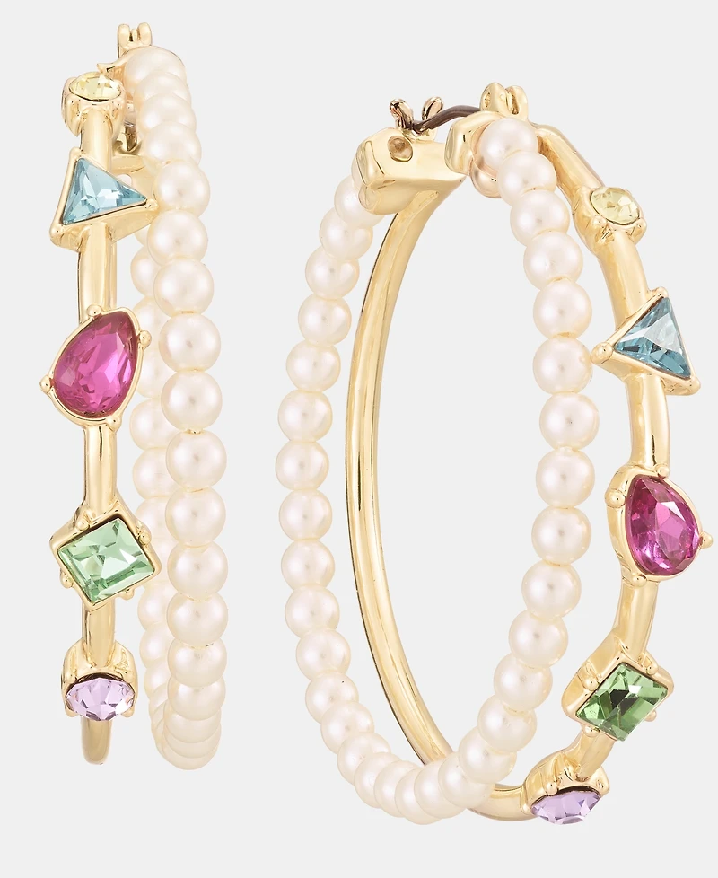 Karl Lagerfeld Paris Medium Mixed Crystal & Imitation Pearl Double Row Hoop Earrings, 1.58"