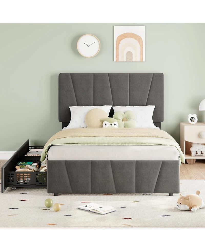 gaomon Set of 2 Twin Upholstered Bed Frames with Adjustable Headboard and 2 Drawers, Linen Platform