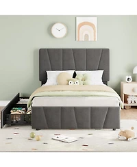 gaomon Set of 2 Twin Upholstered Bed Frames with Adjustable Headboard and 2 Drawers, Linen Platform