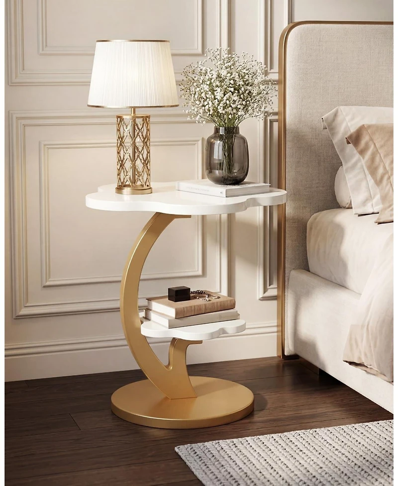 Tribesigns End Table, 2-Tier Sofa Side Table, Flower Nightstand with C-Shaped Gold Frame, Modern Luxury Accent Table
