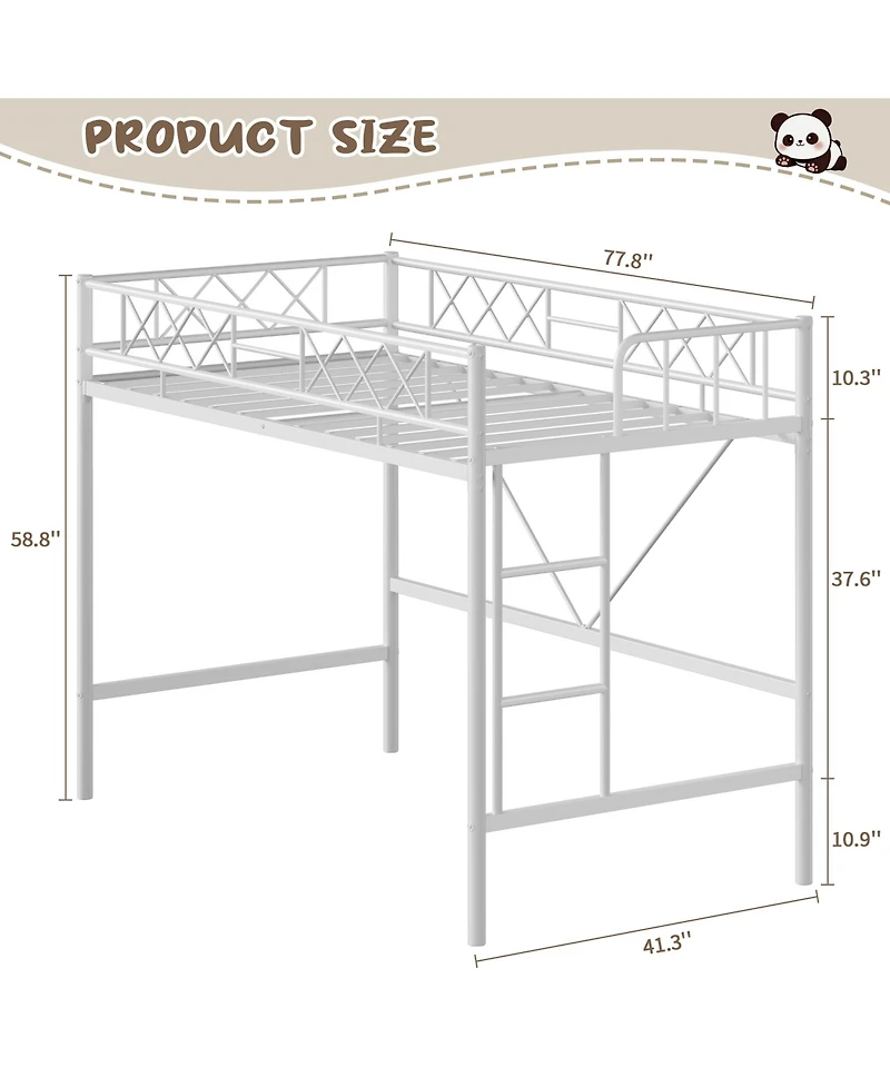Homfan Metal Loft Bed Frame with Guardrail, Flat Ladder Rungs and Underbed Space, Box Spring Not Required
