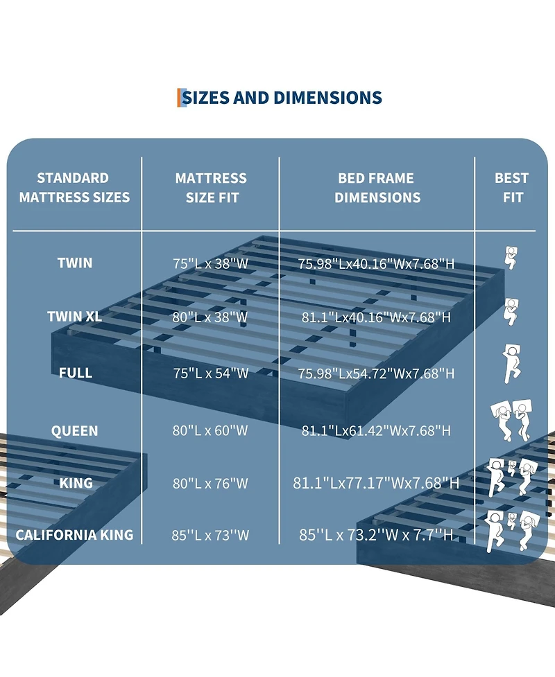 Homfan Wood Platform Bed Frame in Washed, Floor Style, No Headboard, No Box Spring Needed