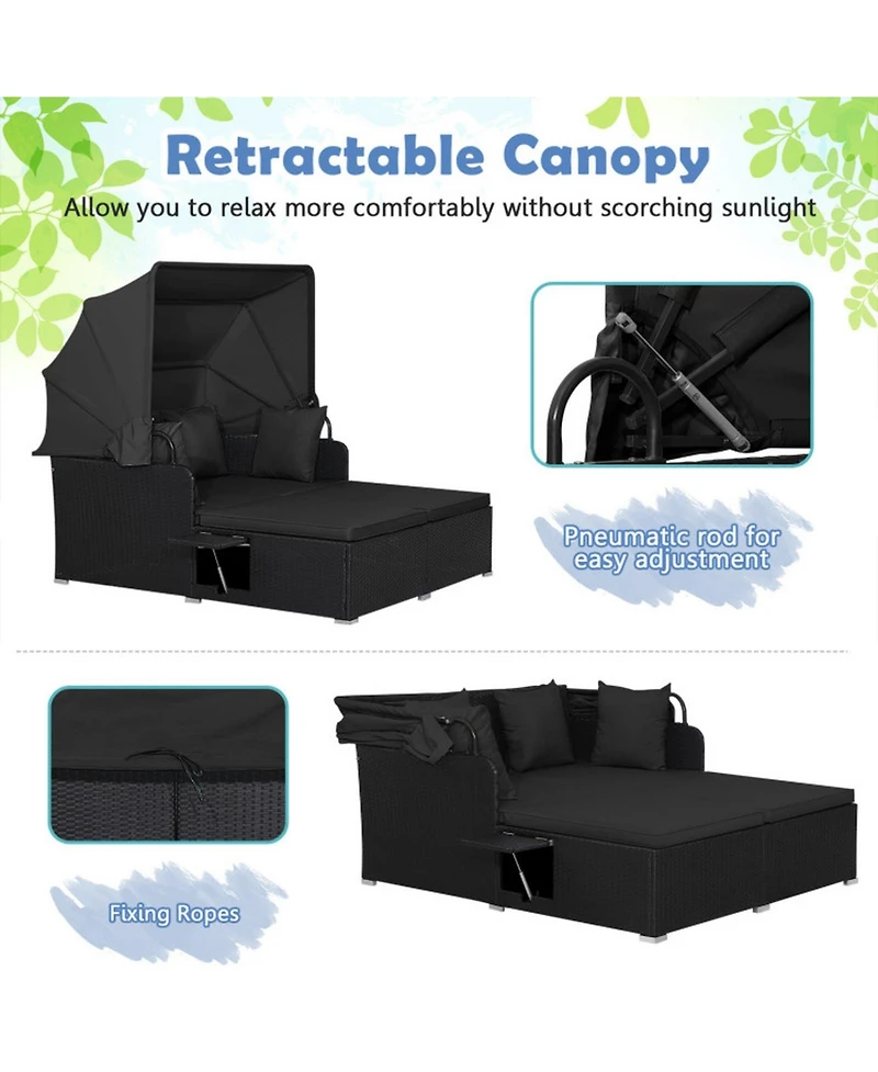 Gouun Outdoor Pe Wicker Patio Daybed with Retractable Canopy, Cushions and 2 Fold-Out Side Tables