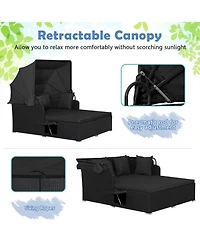 Gouun Outdoor Pe Wicker Patio Daybed with Retractable Canopy, Cushions and 2 Fold-Out Side Tables