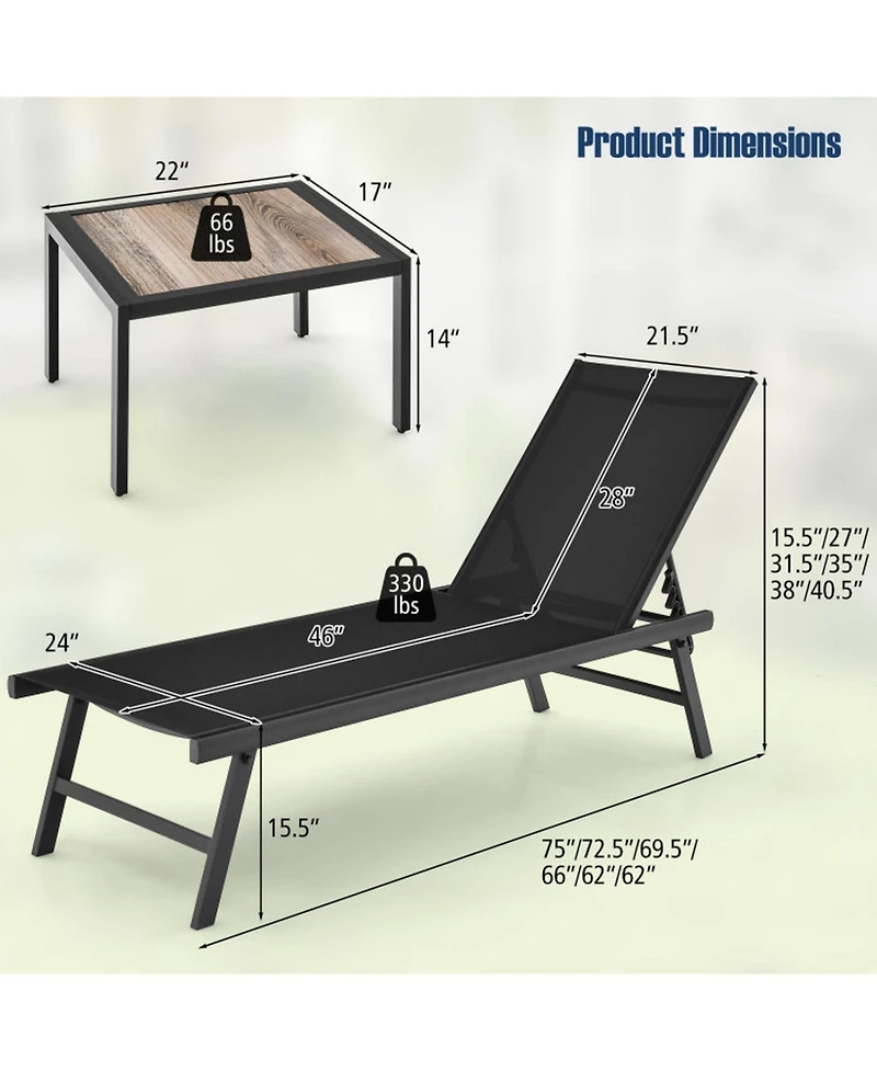 Gouun 3 Piece Patio Chaise Lounge Chair Set with 6-Position Backrest, 2 Loungers and Side Table