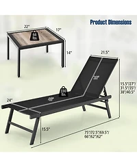 Gouun 3 Piece Patio Chaise Lounge Chair Set with 6-Position Backrest, 2 Loungers and Side Table