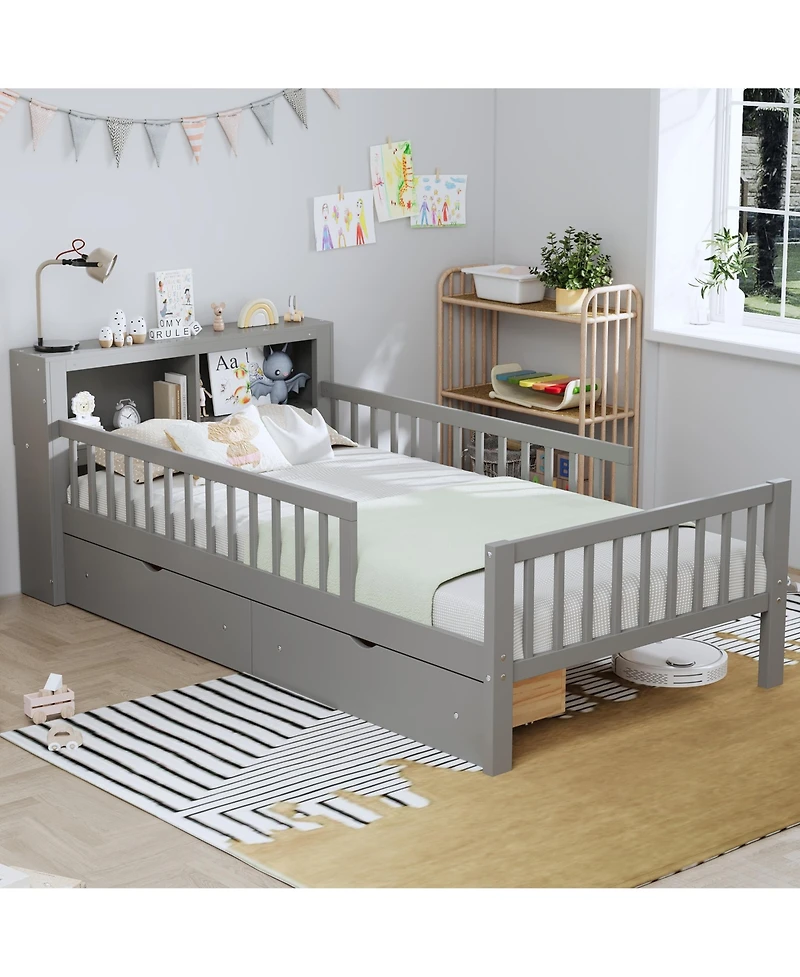 Rainsken Kids Twin Bed Frame, Wooden Platform with Headboard Storage Rack, 2 Under-Bed Drawers and 3-Side Guardrails for Bedroom