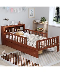 Rainsken Kids Twin Bed Frame, Wooden Platform with Headboard Storage Rack, 2 Under-Bed Drawers and 3-Side Guardrails for Bedroom