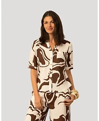 Cable & Gauge Women's Printed Linen Blend Button Front Top