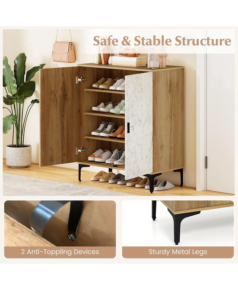 Sugift 4 Tier Farmhouse Shoe Storage Cabinet with Removable Shelves and Metal Legs-Oak
