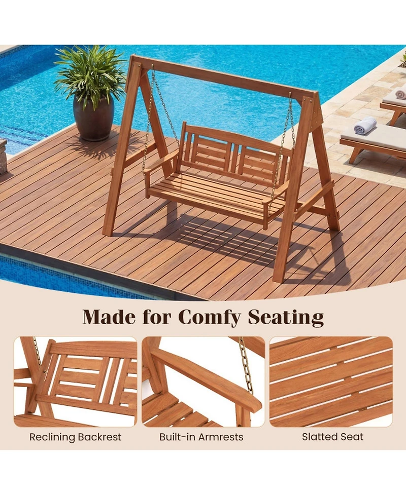 Sugift Hardwood Two-Seater Porch Swing with Freestanding A-Frame Stand