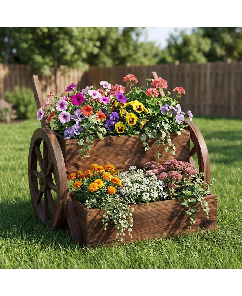 Gouun Rustic Carbonized Wood Wagon Planter with 2-Tier Design