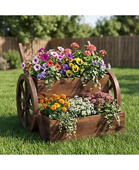 Gouun Rustic Carbonized Wood Wagon Planter with 2-Tier Design