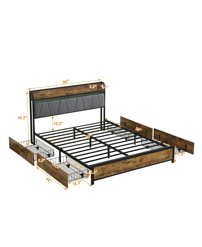 Lucky One Queen Size Bed Frame, Storage Headboard with Charging Station and 4 Storage Drawers
