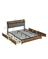 Lucky One Queen Size Bed Frame, Storage Headboard with Charging Station and 4 Storage Drawers