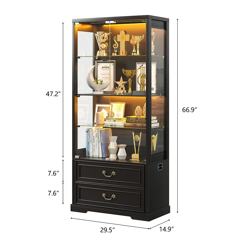 Vlsrka 67" Tall Display Cabinet with Glass Doors and 2 Drawers