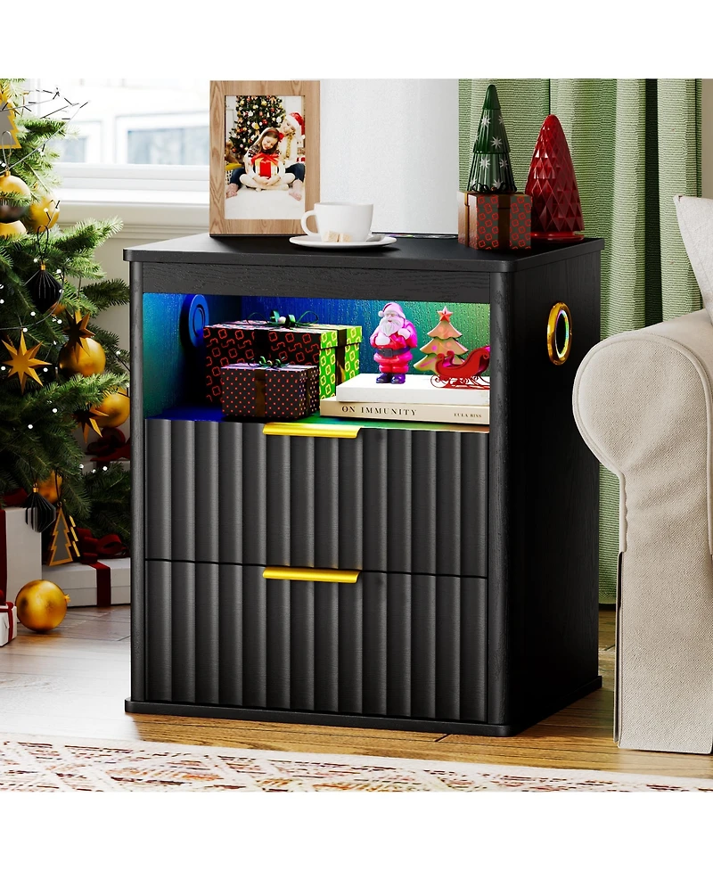 Vlrska 19.7-Inch Wide Nightstand with Bluetooth Speakers, Motion Sensor, Led Lights, and Wireless Charging Station
