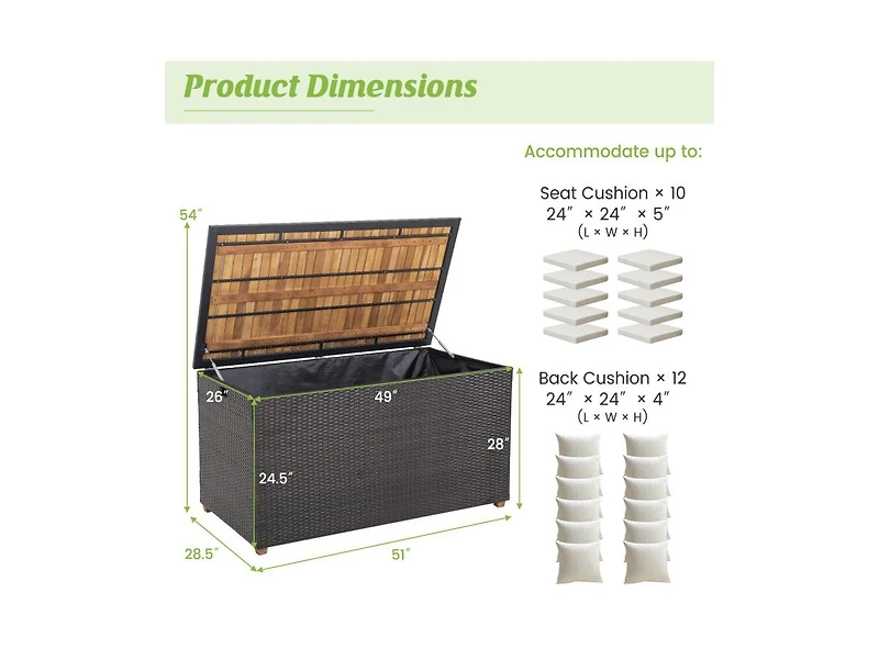 sumyeg 134 Gallon Rattan Storage Box with Zippered Liner and Solid Acacia Wood Top