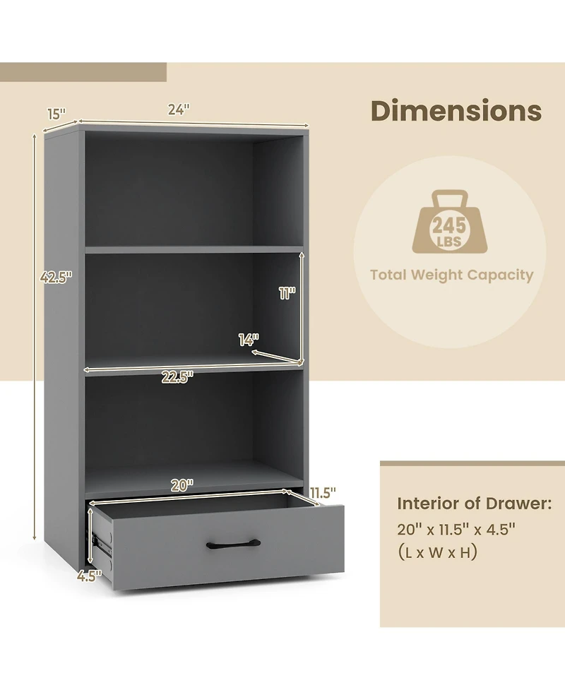 Sugift 48 Inch Tall 4 Tiers Wood Bookcase with Drawer