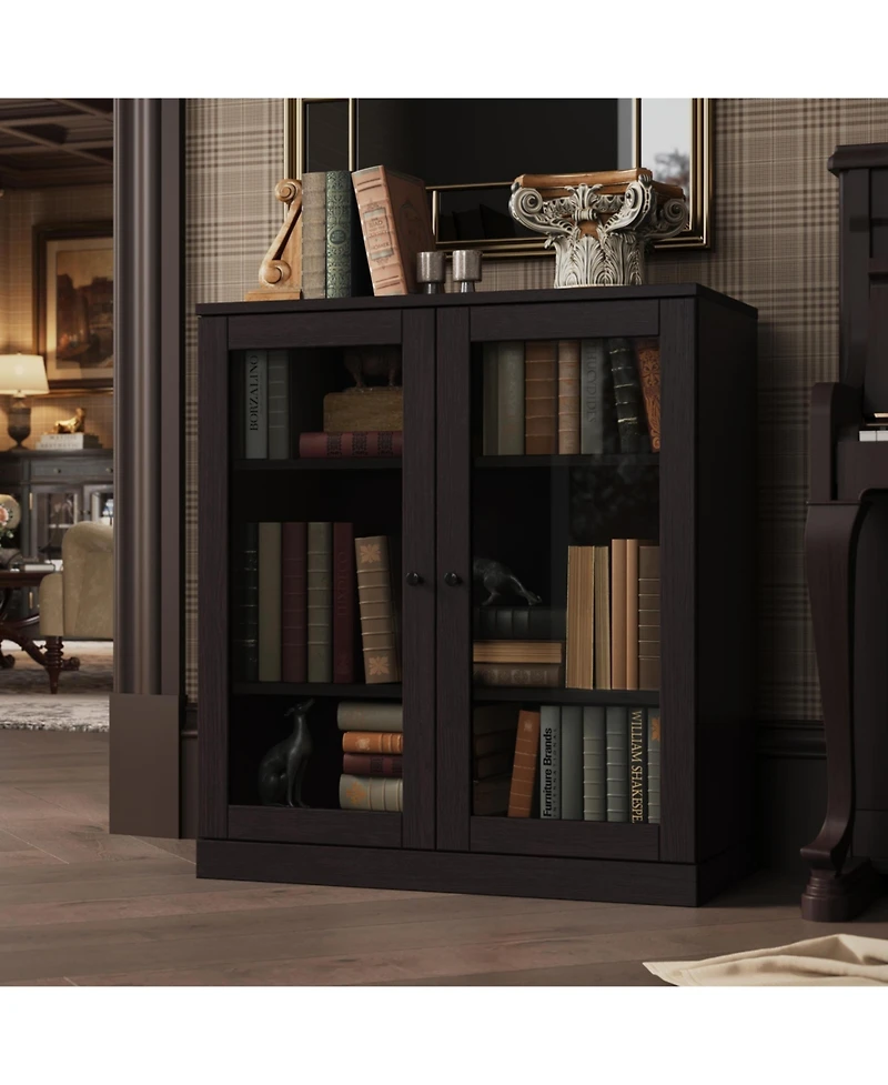 Palace Imports Premium 100% Solid European Oak Hardwood 3-Shelf Modular Bookcase with Tinted Glass Doors