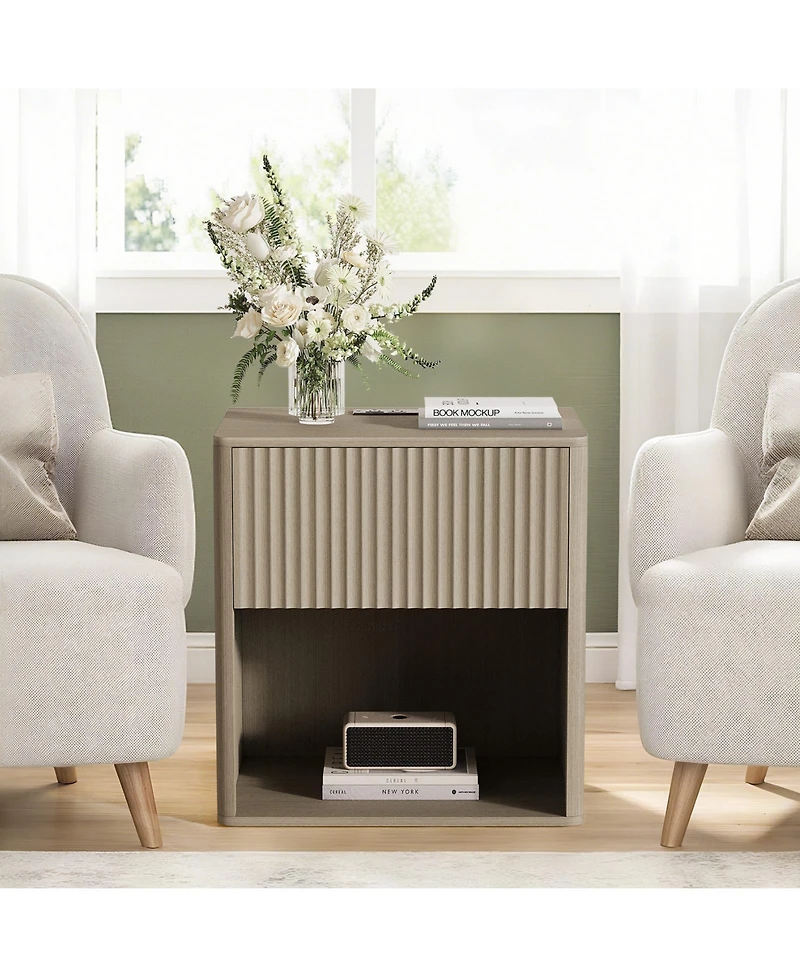 gaomon Home Set of 2 Fluted Wood Nightstands with Drawer, Modern Bedside Tables with Open Shelf