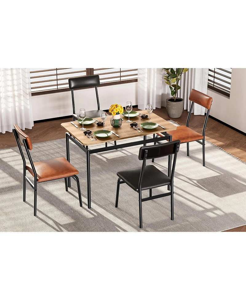 gaomon 5-Piece Industrial Dining Set, Wooden Table and 4 Pu Upholstered Chairs, Metal Frame for Kitchen and Apartment