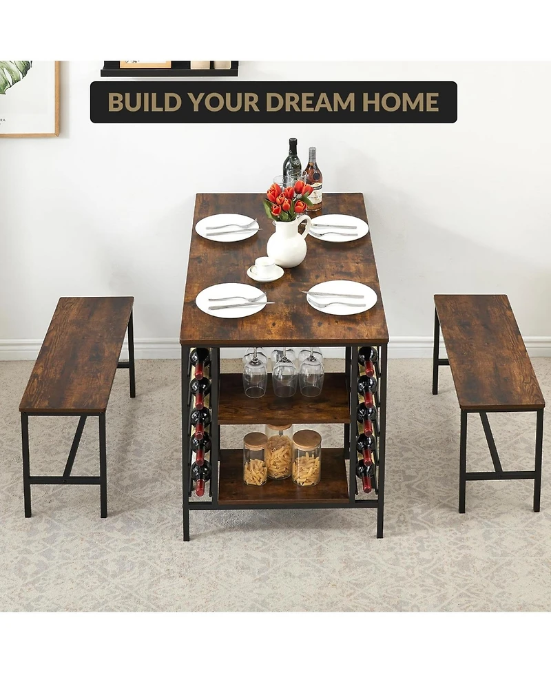 gaomon 3-Piece Dining Set: Table, 2 Benches, Wine Rack and Storage Shelf