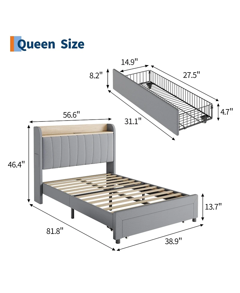 Homfan Upholstered Bed Frame with Storage Headboard, Charging Station and Drawer