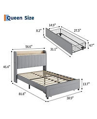 Homfan Upholstered Bed Frame with Storage Headboard, Charging Station and Drawer