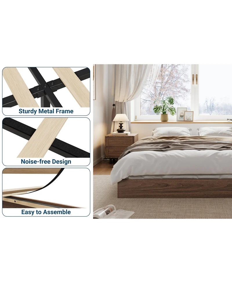 homfan Wood Platform Bed Frame No Headboard with Slats, Floor-Level Design