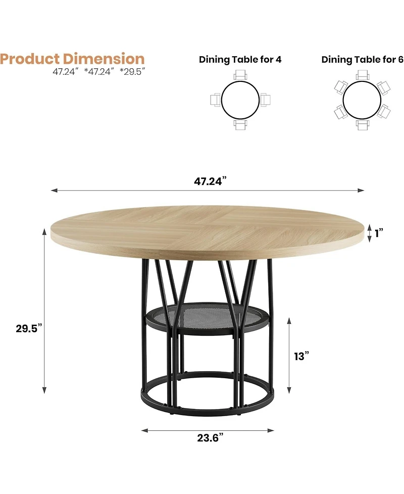 gaomonRound Dinning Table for 4-6, 47" Circle Kitchen Table with Storage Shelf and Sturdy Metal Frame, Modern Dinner Table for Kitchen, Living Room
