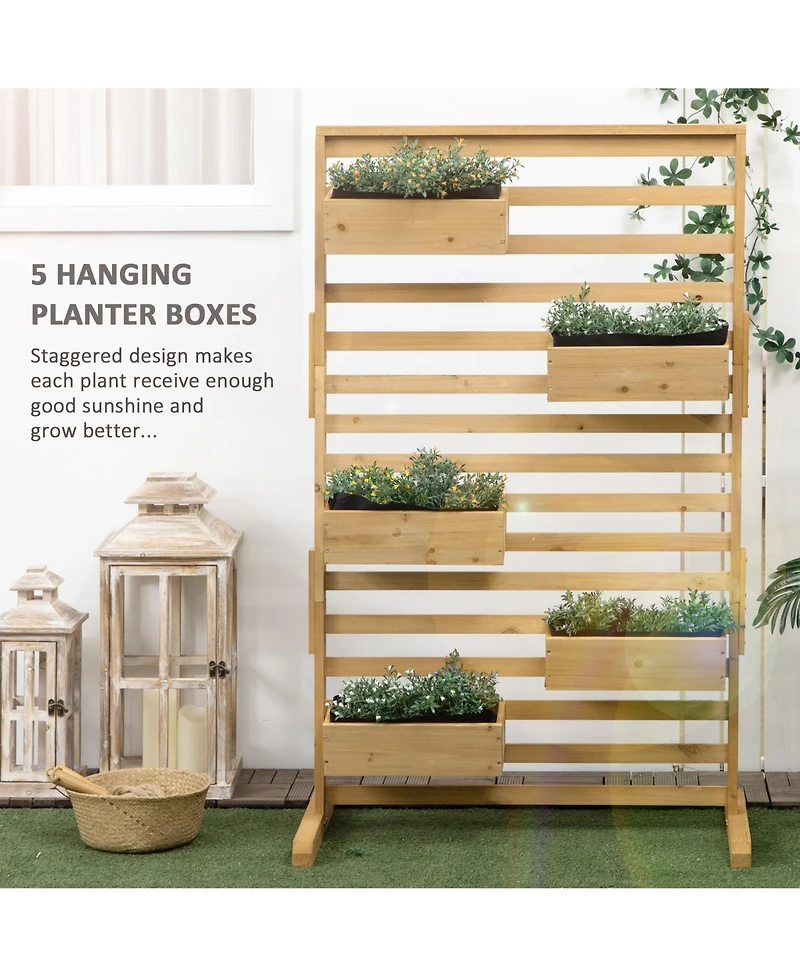 Outsunny Plant Sd with 5 Hanging Planter Boxes Slatted Trellis, Natural