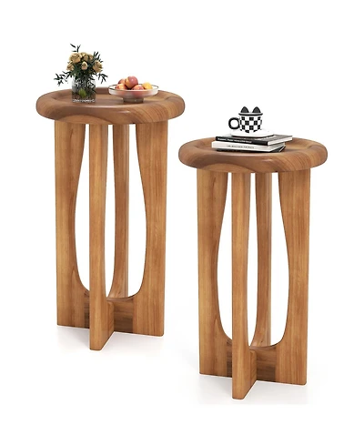 Gymax 2PCS 14'' Round Mahogany Accent Table Farmhouse End Table w/ Round Tray Top