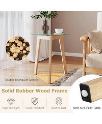 Gymax Modern Tempered Glass End Table w/Transparent Tabletop Rubber Wood Structure