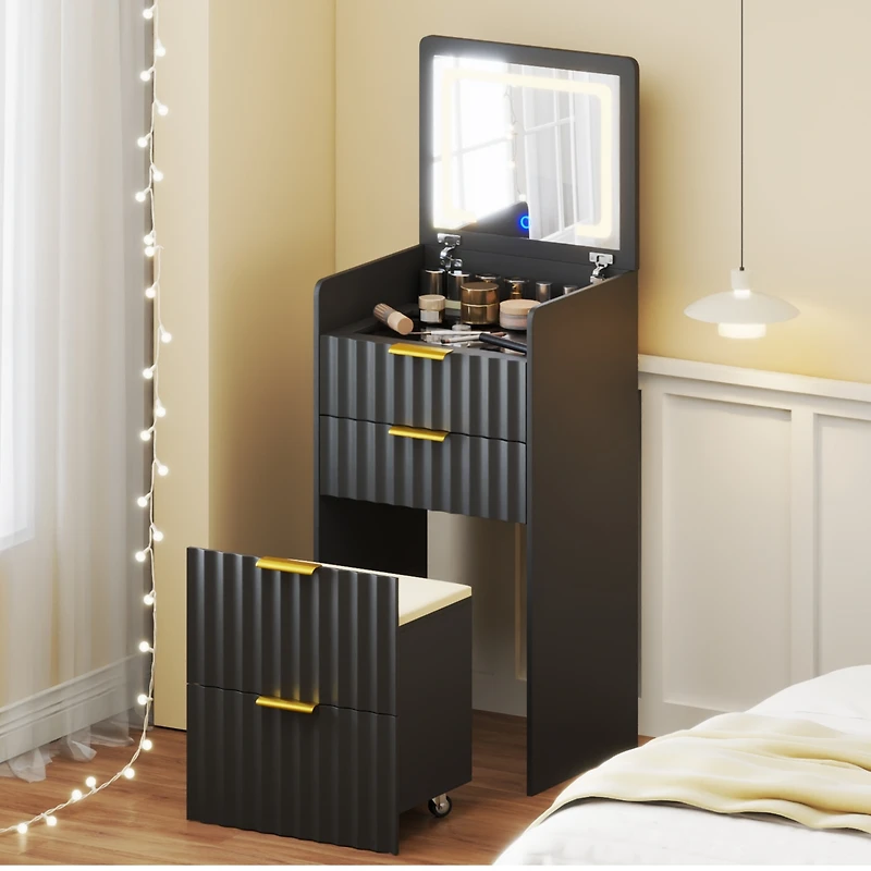 Vlsrka Fluted Small Vanity Desk With Mirror, Lights, Stool & 3 Drawers