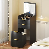 Vlsrka Fluted Small Vanity Desk With Mirror, Lights, Stool & 3 Drawers
