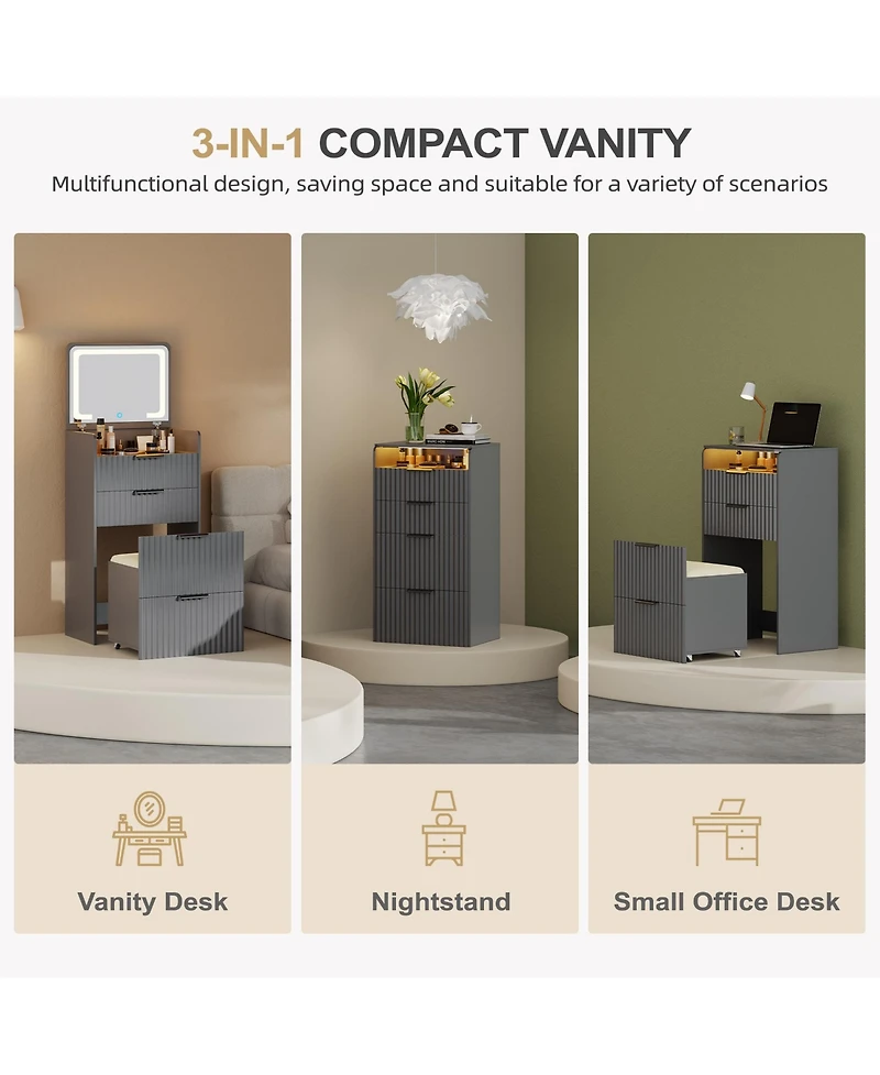 Vlsrka Fluted Small Vanity Desk With Mirror, Lights, Stool & 3 Drawers