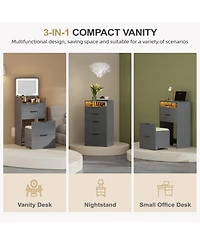 Vlsrka Fluted Small Vanity Desk With Mirror, Lights, Stool & 3 Drawers