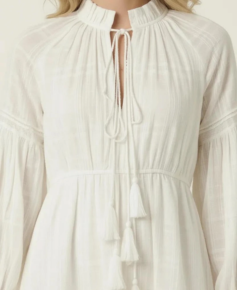 Modenaire Women's Boho Tassel-Tie Neck Mini Dress