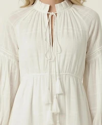 Modenaire Women's Boho Tassel-Tie Neck Mini Dress