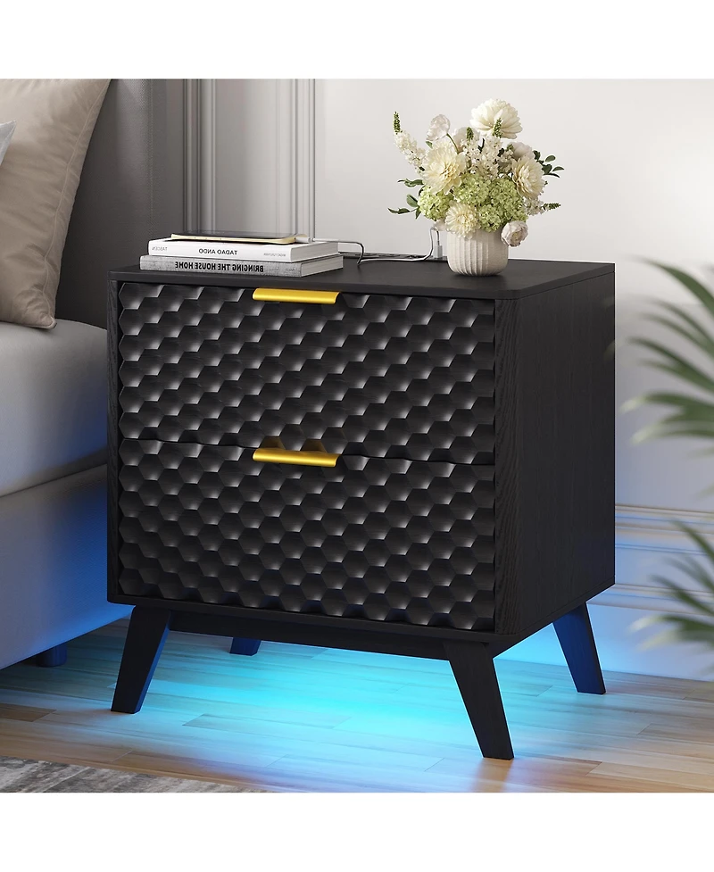 Vlsrka 23.6-Inch Wide 2-Drawer Nightstand with Built-in Outlets and Human Sensor Light