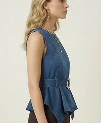 Modenaire Women's Belted Denim Peplum Top
