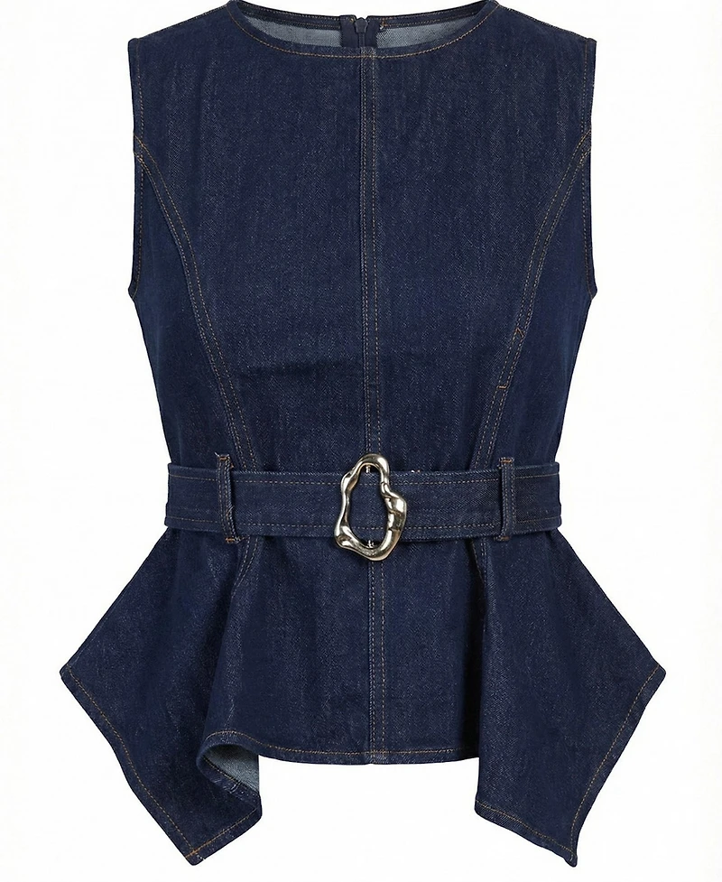 Modenaire Women's Belted Denim Peplum Top