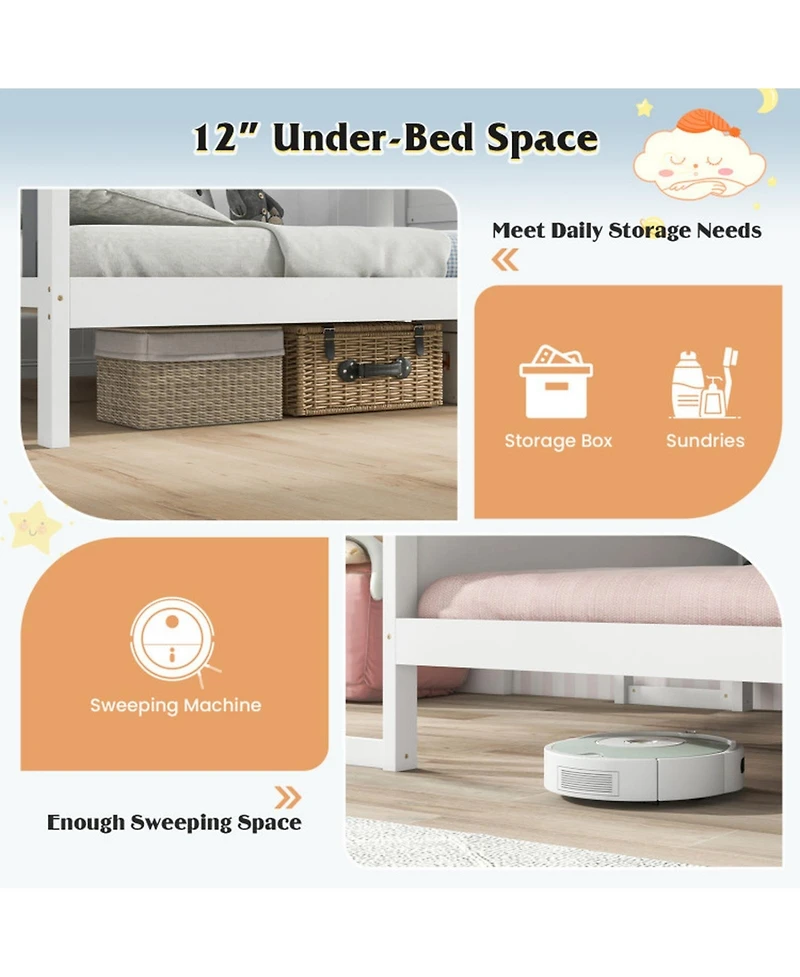 Gouun House Bed Frame with Roof Canopy, Built-In Desk and Storage Drawers